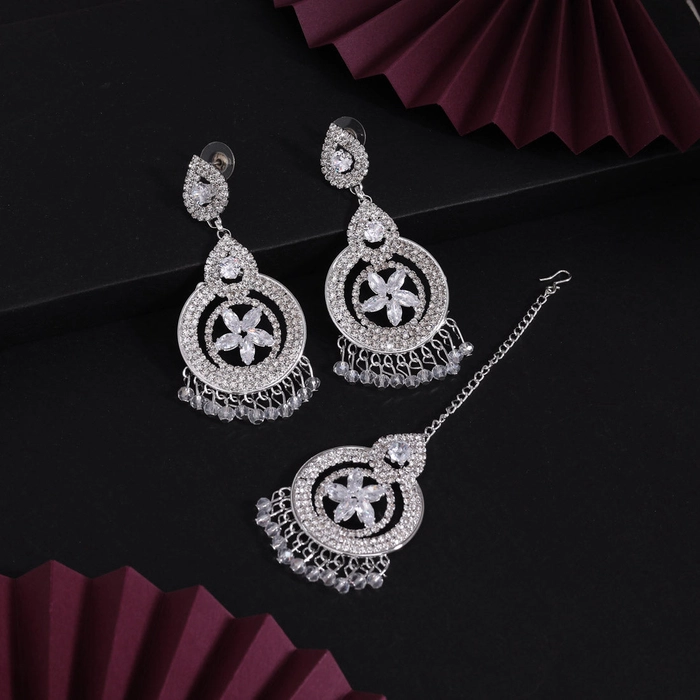 Silver Color Stone Earrings With Maang Tikka (MTKE477SLV)