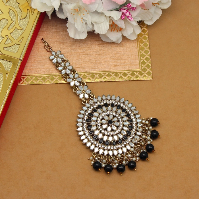 Black Color Mirror Work Maang Tikka (MTK540BLK)