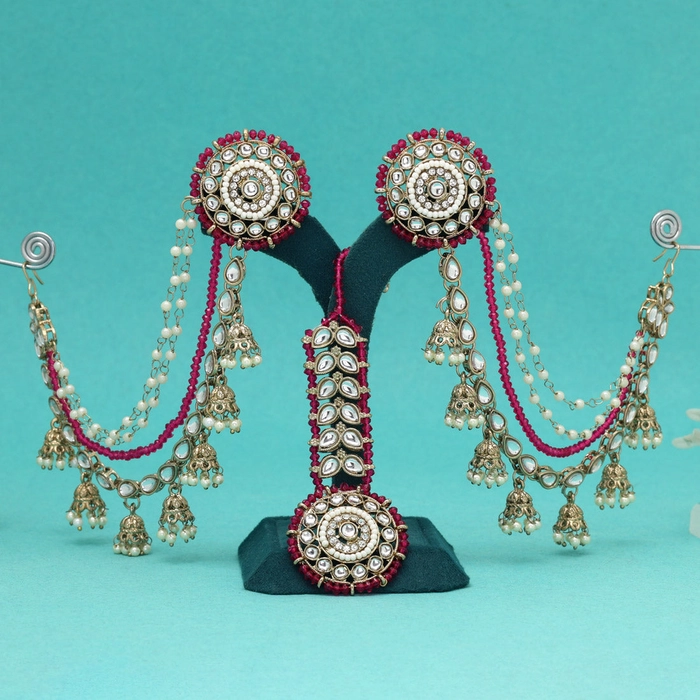 Rich Rani Color Kundan Earrings With Maang Tikka