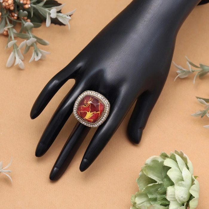 Crimson Red Color Kundan Ring For Women