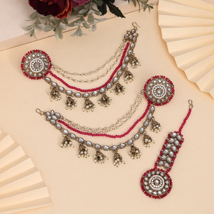 Rich Rani Color Kundan Earrings With Maang Tikka