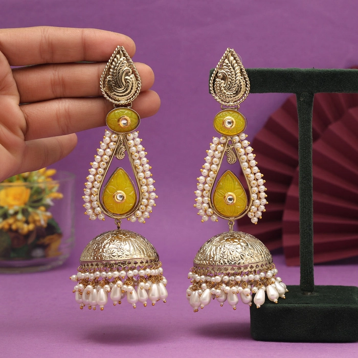 Yellow Color Big Size Jhumka Unique Designs Jaipur Handmade Premium Brass Earrings with Monalisa Stones (AMPE452YLW)