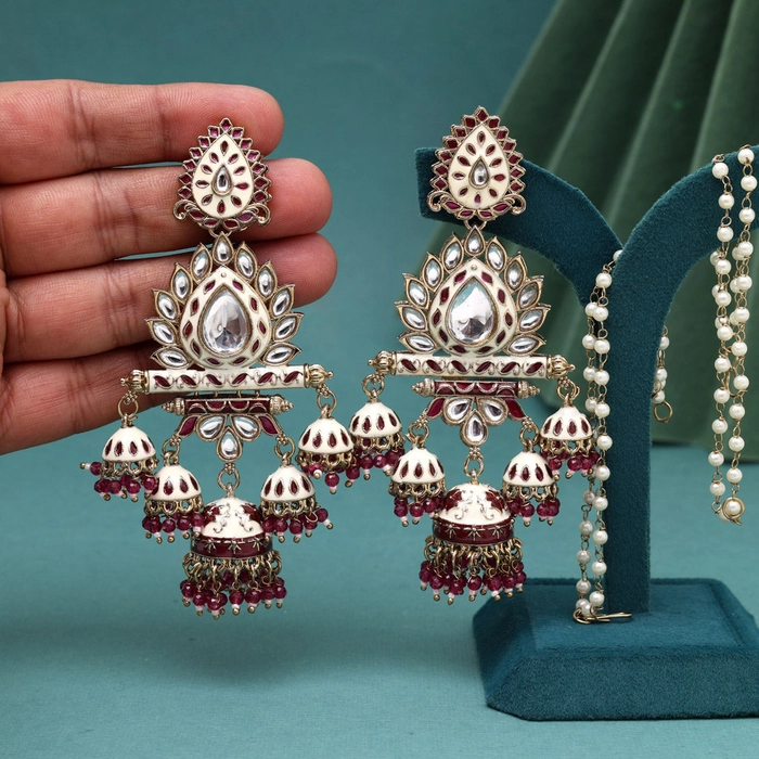 Magenta Color Kundan Meenakari Earrings