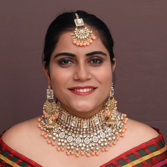 Peach Color Kundan Bridal Necklace With Earrings & Maang Tikka