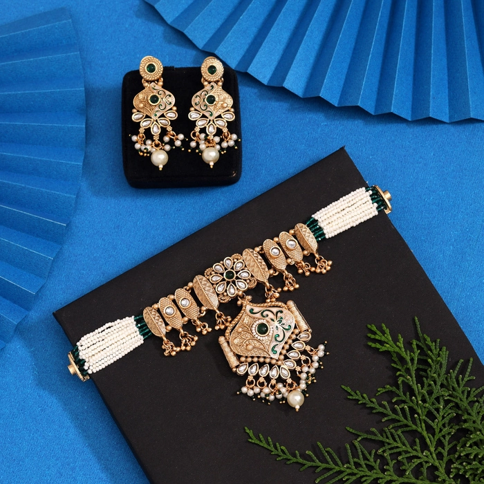 Green Color Meena Work Choker Matte Gold Rajwadi Temple Necklace Set