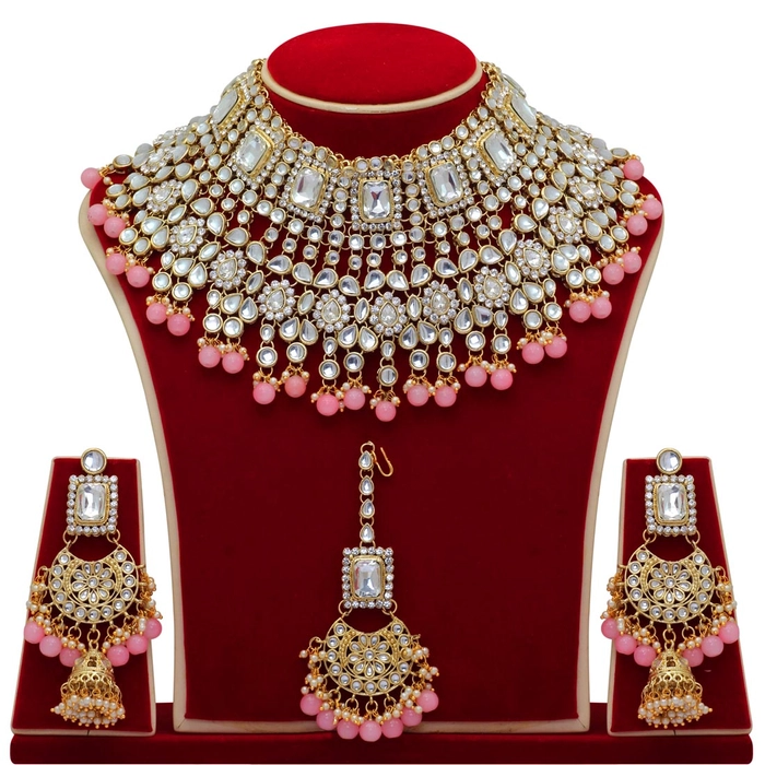 Peach Color Kundan Bridal Necklace With Earrings & Maang Tikka
