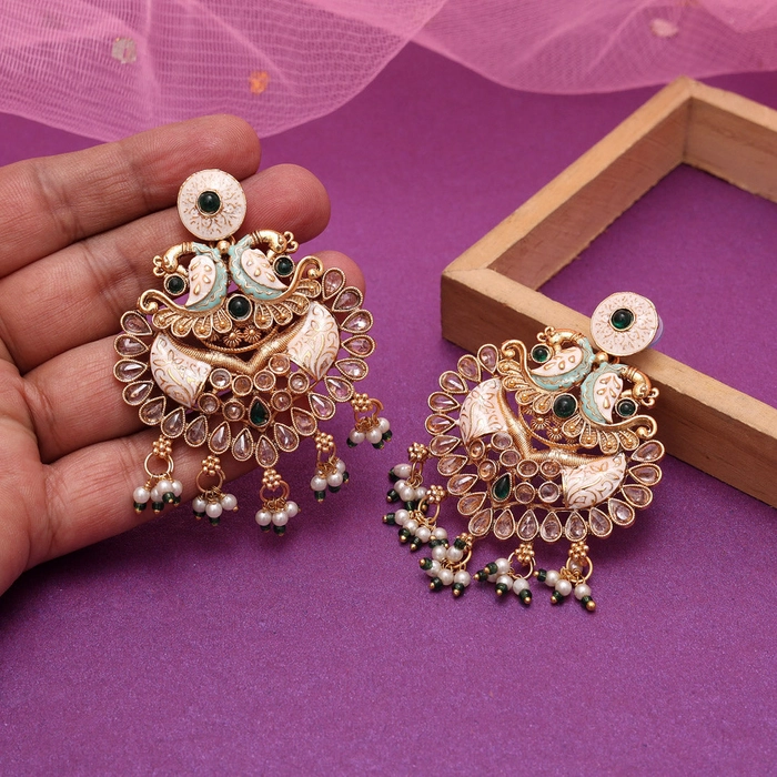 Green Color Kundan Meenakari Earrings (MKE2010GRN)