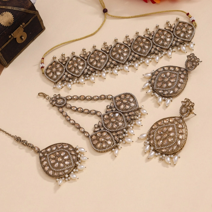 Gold Color Pakistani Choker Kundan Necklace Set