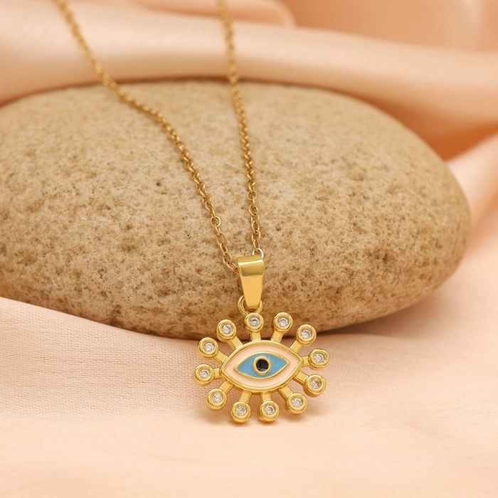 Blue Color Evil Eye Stainless Steel 18k Gold Plated Demi Fine Pendant