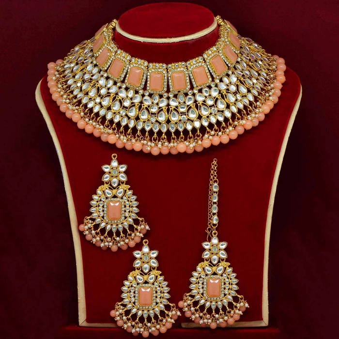 Peach Color Kundan Bridal Choker Necklace Set