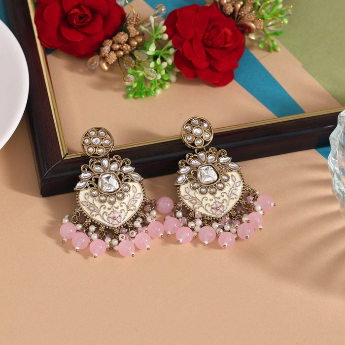 Pink Color Meena Work Kundan Earrings