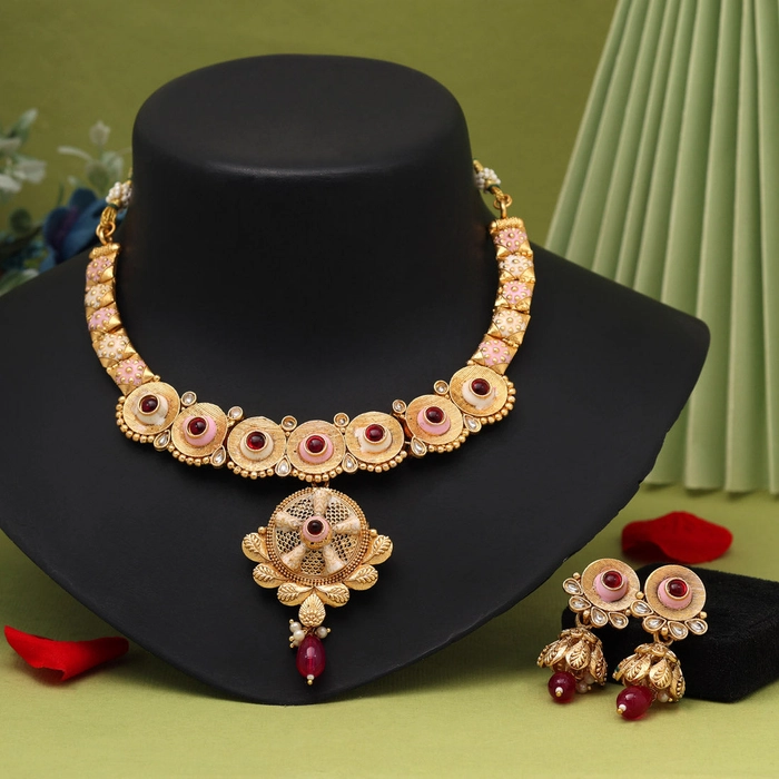 Rani Color Meena Work Matte Gold Rajwadi Temple Necklace Set (TPLN671RNI)