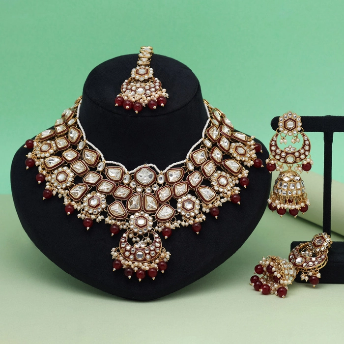 Maroon Color Meena Work Kundan Necklace Set (KN1452MRN)