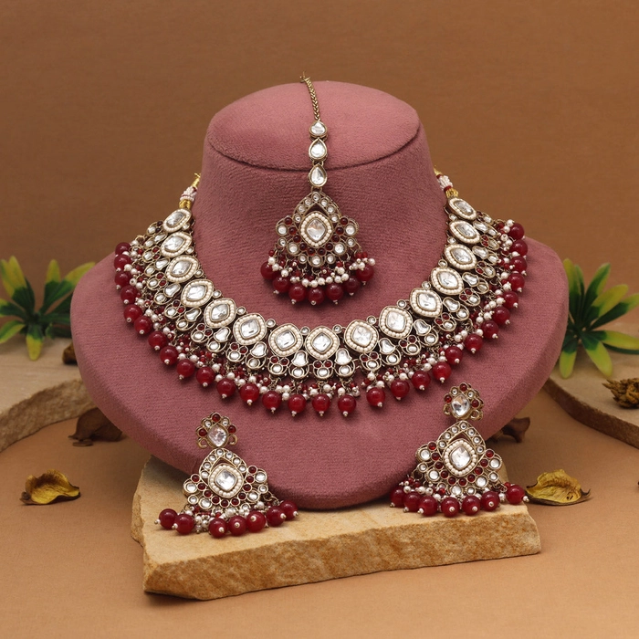 Royal Maroon Color Kundan Necklace Set