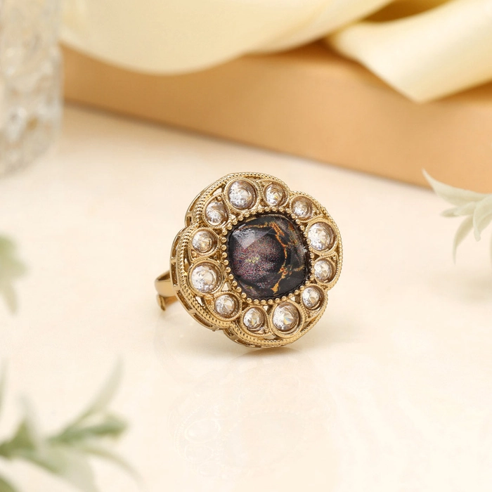 Matte Black Color Kundan Ring For Women