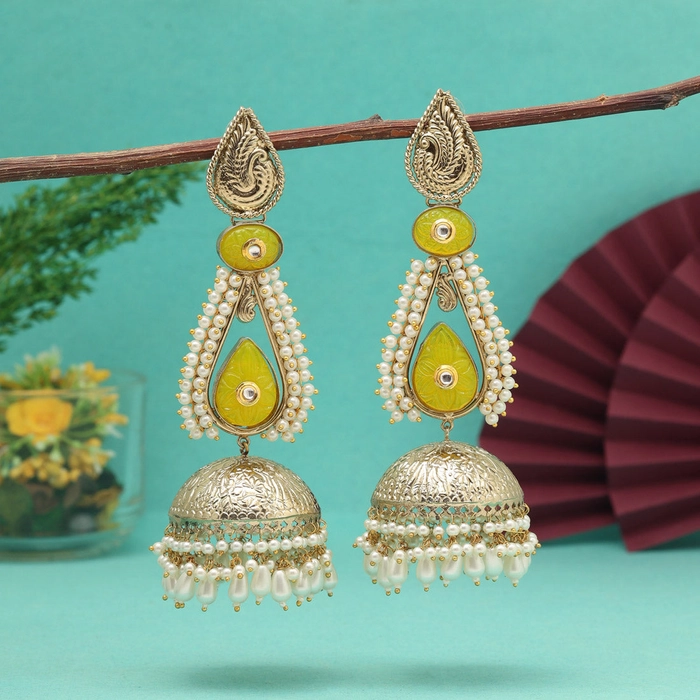 Yellow Color Big Size Jhumka Unique Designs Jaipur Handmade Premium Brass Earrings with Monalisa Stones (AMPE452YLW)