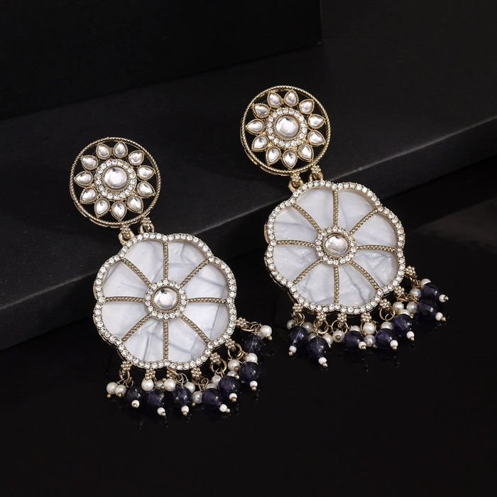 Blue Color Mother Of Pearl Kundan Earrings (KDE973BLU)