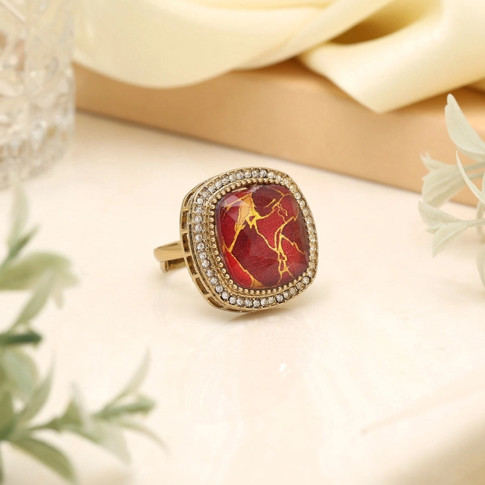 Crimson Red Color Kundan Ring For Women