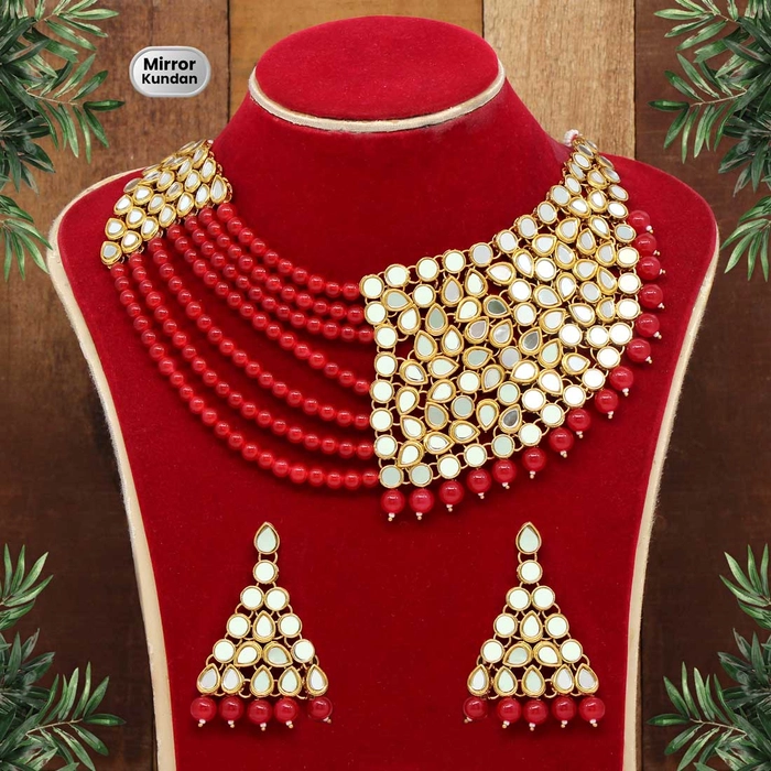Red Color Mirror Kundan Necklace Set