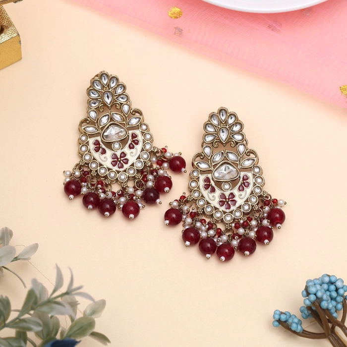 Maroon Color Meena Work Kundan Earrings