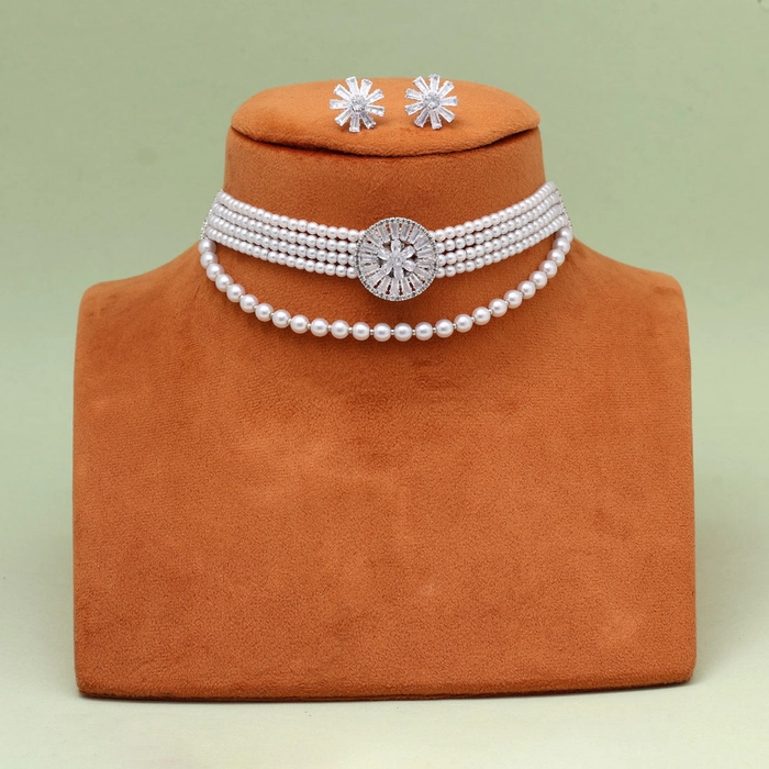 White Color Choker Stone Necklace Set (STN238WHT)