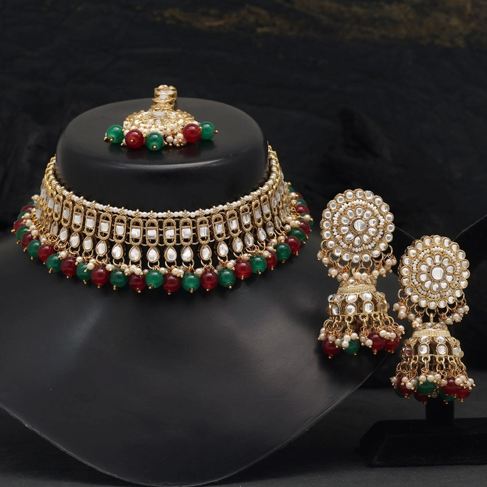 Maroon & Green Color Choker Kundan Necklace Set (KN1312MG)