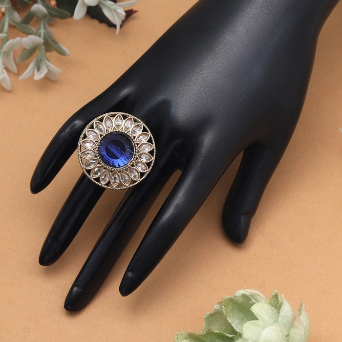 Deep Blue Color Kundan Ring For Women