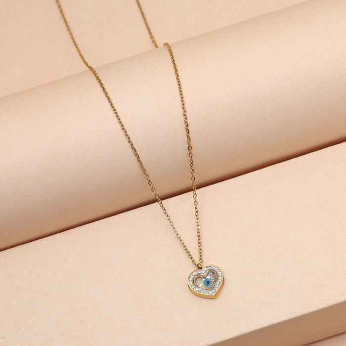 Blue Color Heart Shape Evil Eye Stainless Steel 18k Gold Plated Demi Fine Pendant