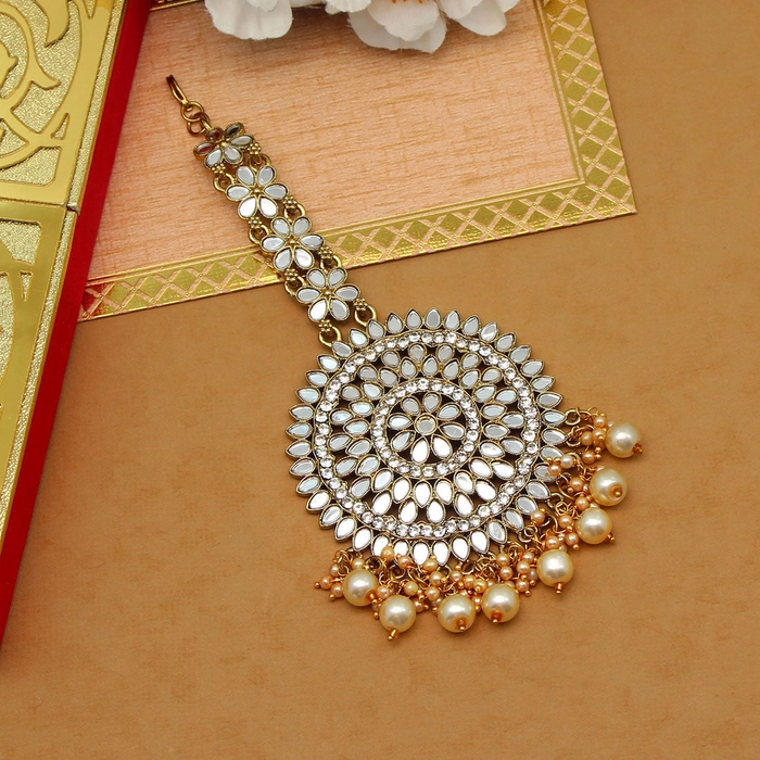 Gold Color Mirror Work Maang Tikka (MTK540GLD)