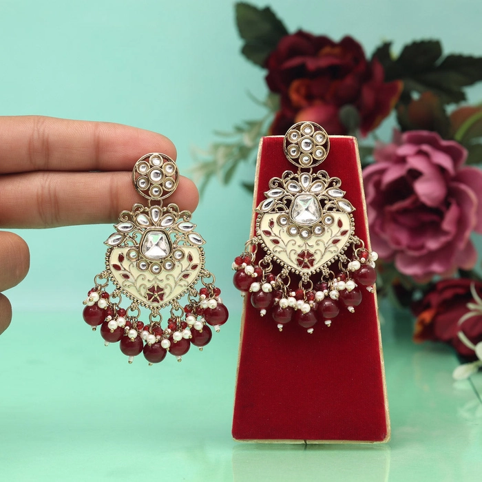 Maroon Color Meena Work Kundan Earrings (KDE1027MRN)