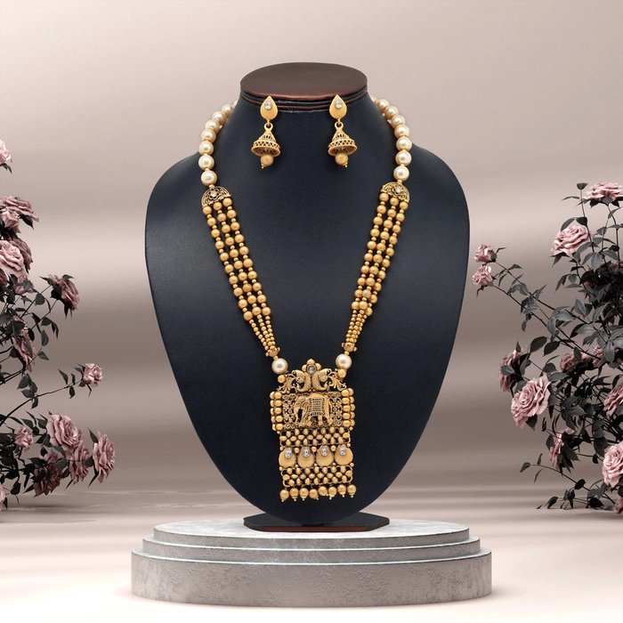Gold Color Long Matte Gold Rajwadi Temple Necklace Set (TPLN514GLD)