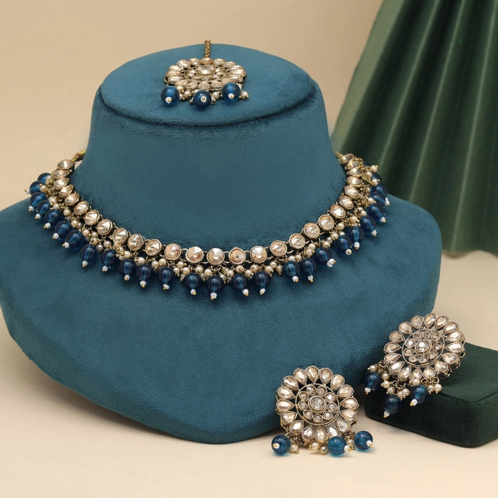 Turquoise Blue Color Kundan Necklace Set (KN1419TBLU)