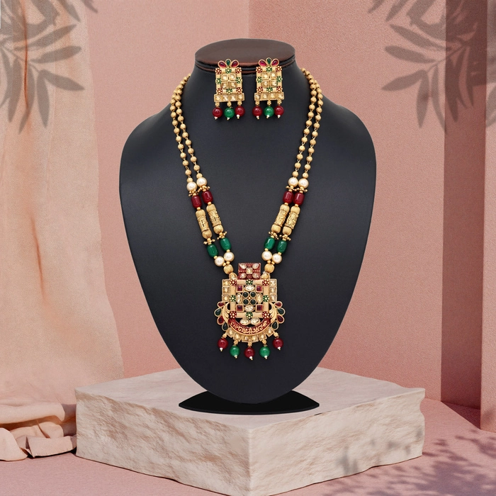 Maroon & Green Color Matte Gold Rajwadi Temple Necklace Set (TPLN666MG)