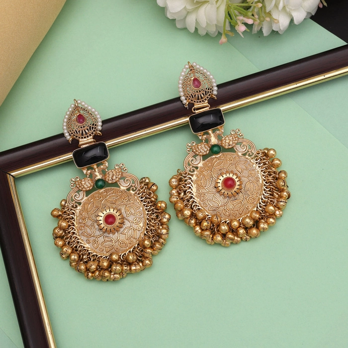 Black Color Unique Designs Jaipur Handmade Premium Brass Earrings with Monalisa Stones (AMPE451BLK)