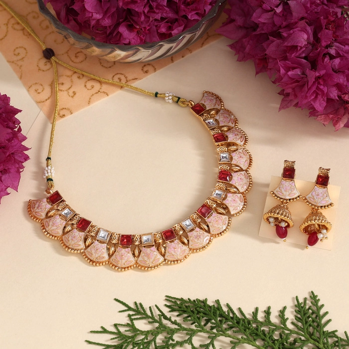 Maroon Color Matte Gold Meenakari Necklace Set (MKN607MRN)