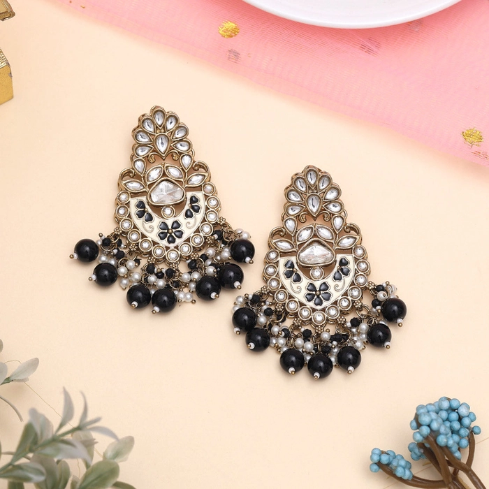 Black Color Meena Work Kundan Earrings (KDE1029BLK)