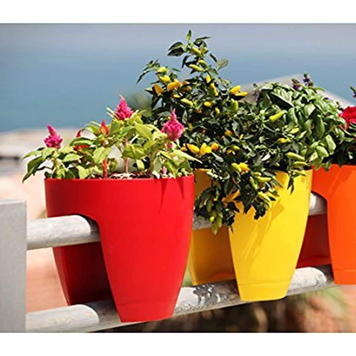 Evergreeness India  Umi Railing Flower Pots and Planter, Plant Container Set, Beautiful Virgin Plastic Flower Pots for Balcony, Fence, Garden Railing (12 Inch, Multicolor, Set of 3)