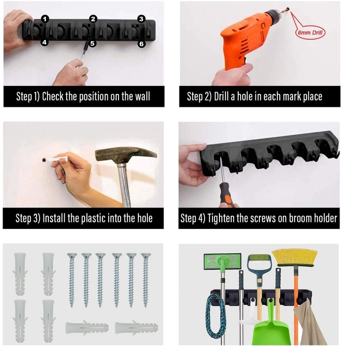 Evergreeness India And Broom Holder Wall Mount, Heavy Duty Broom Holder Wall Mounted Or Tool Organizer For Home Garden Garage And Storage (5 Positions With 6 Hooks, Black,Plastic)