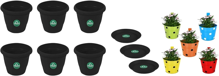 Evergreeness India Pot, Set of 6 Single Pot Railing Planter (Pack of 5), 6x7x6 Inch& UV Treated 6.4 inch Round Bottom Tray