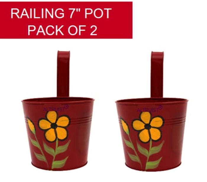 Evergreeness India Flower Pots Planters for Plants, Hanging Metal for Balcony Railing Vertical Hook for Home Gardening, 7 Inc Railing Pot Maroon Color (Set of 1)