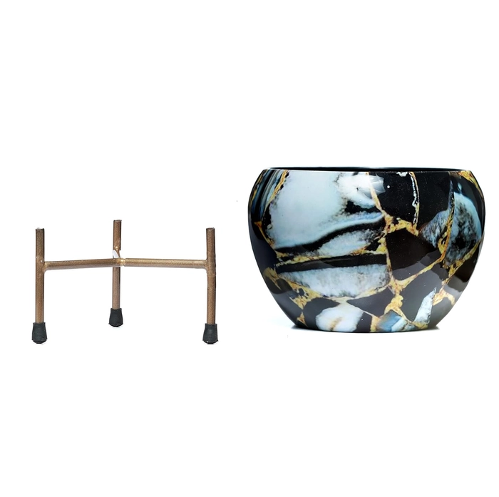 Evergreeness India Stylish Printed Metal Planter with Tripod Metal Stand for Home and Garden (Set of 2)