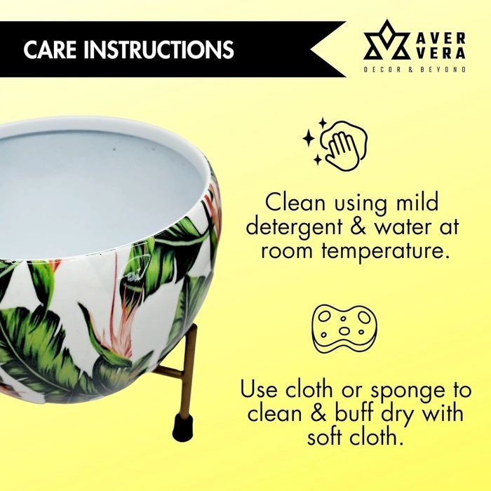 Evergreeness India Floral Print Decorative Metal Pot with Stand for Indoor Plants (White)