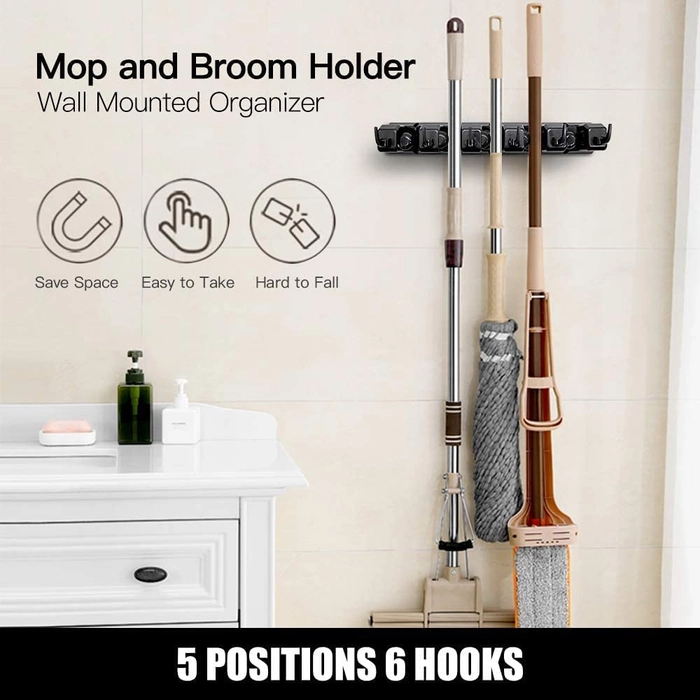 Evergreeness India And Broom Holder Wall Mount, Heavy Duty Broom Holder Wall Mounted Or Tool Organizer For Home Garden Garage And Storage (5 Positions With 6 Hooks, Black,Plastic)