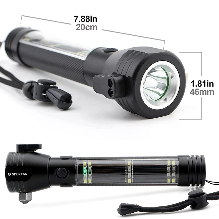Evergreeness India Power Torch Light, Long Distance Rechargeable 7 Modes Emergency Tool with Glass Breaker, Seatbelt Cutter, Alarm and Phone Charger - Black