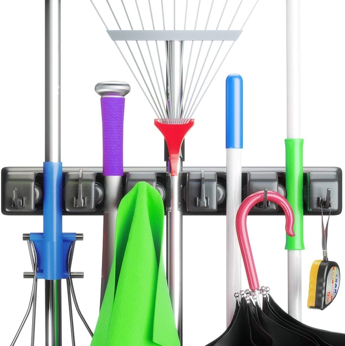 Evergreeness India And Broom Holder Wall Mount, Heavy Duty Broom Holder Wall Mounted Or Tool Organizer For Home Garden Garage And Storage (5 Positions With 6 Hooks, Black,Plastic)