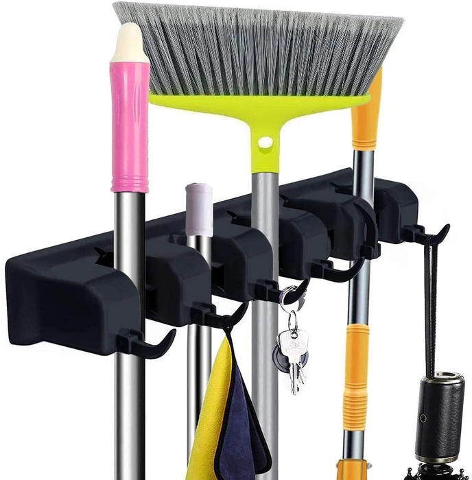 Evergreeness India And Broom Holder Wall Mount, Heavy Duty Broom Holder Wall Mounted Or Tool Organizer For Home Garden Garage And Storage (5 Positions With 6 Hooks, Black,Plastic)