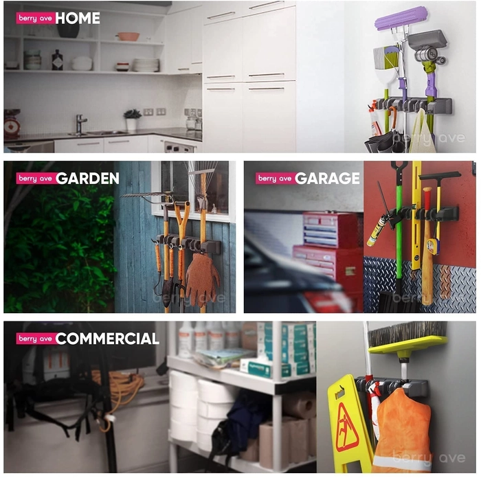 Evergreeness India And Broom Holder Wall Mount, Heavy Duty Broom Holder Wall Mounted Or Tool Organizer For Home Garden Garage And Storage (5 Positions With 6 Hooks, Black,Plastic)