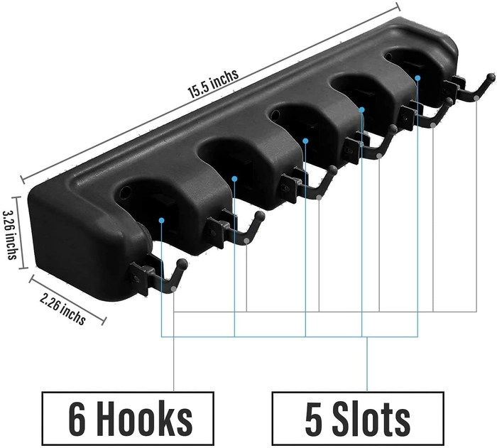 Evergreeness India And Broom Holder Wall Mount, Heavy Duty Broom Holder Wall Mounted Or Tool Organizer For Home Garden Garage And Storage (5 Positions With 6 Hooks, Black,Plastic)