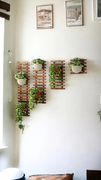Evergreeness India Hanging Wall Grid Flower Pots Stand Wall Planter Pine Wooden Hanging Planter for Indoor Plants, Plant Stand, Air Plant Succulent Holder, Vertical Garden-Set of 4