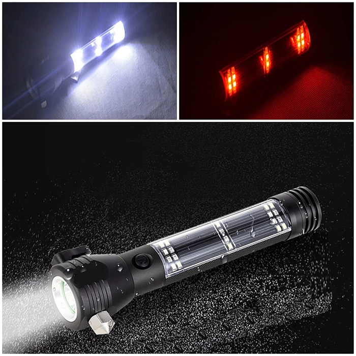 Evergreeness India Power Torch Light, Long Distance Rechargeable 7 Modes Emergency Tool with Glass Breaker, Seatbelt Cutter, Alarm and Phone Charger - Black
